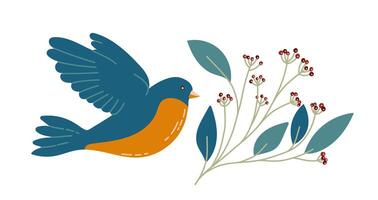 Bird and flowers with different ornaments. Bird in simple cartoon style. Flat vector illustration