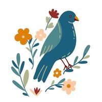 Bird and flowers with different ornaments. Bird in simple cartoon style. Flat vector illustration