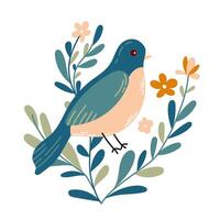 Bird and flowers with different ornaments. Bird in simple cartoon style. Flat vector illustration