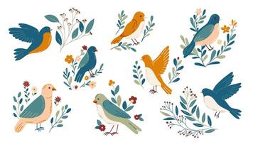 Birds and flowers with different ornaments. Bird in simple cartoon style. Flat vector illustration