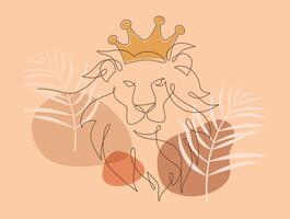 Lion head continuous line drawing. Front view single linear decorative design concept. Color abstract minimal style, Hand drawn isolated on brown background. Vector design illustration.