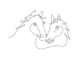 Two horse face portrait, Continuous line art drawing style, One line art animal, Design template linear minimal style. Drawing isolated on white background. Vector design illustration.