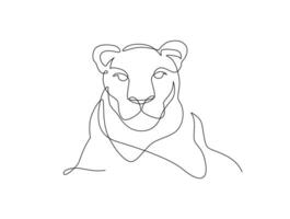 Lioness head continuous line drawing. Front view single linear decorative design concept. Lion abstract linear minimal style, Hand drawn isolated on white background. Vector design illustration.