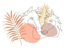 Two horse face portrait, Continuous line art drawing style, One line art animal, Horse head color abstract linear minimal style. Drawing isolated on white background. Vector design illustration.