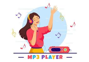 mp3 jugador vector ilustración con musical notación, auriculares, auriculares y teléfono de música escuchando dispositivos en móvil aplicación en plano antecedentes