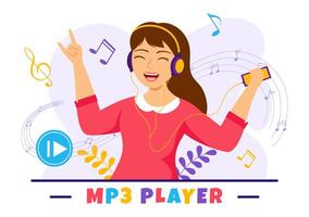 mp3 jugador vector ilustración con musical notación, auriculares, auriculares y teléfono de música escuchando dispositivos en móvil aplicación en plano antecedentes