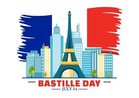 contento Bastille día vector ilustración en 14 julio con francés bandera, cinta y eiffel torre en nacional fiesta plano dibujos animados antecedentes