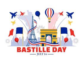 contento Bastille día vector ilustración en 14 julio con francés bandera, cinta y eiffel torre en nacional fiesta plano dibujos animados antecedentes
