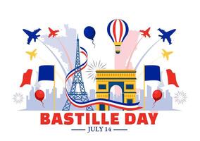 Happy Bastille Day Vector Illustration on 14 july with French Flag, Ribbon and Eiffel Tower in National Holiday Flat Cartoon Background