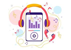 mp3 jugador vector ilustración con musical notación, auriculares, auriculares y teléfono de música escuchando dispositivos en móvil aplicación en plano antecedentes