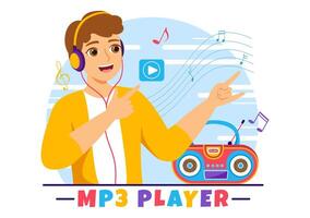 MP3 Player Vector Illustration with Musical Notation, Headphones, Headset and Phone of Music Listening Devices in Mobile App on Flat Background