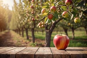 AI generated Wooden table apple orchard and blurred background. photo