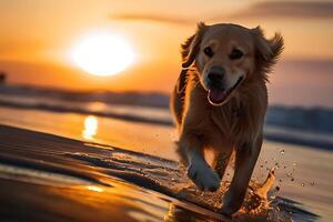 AI generated Poster with a dog playing  on a  beach in front of the sea photo