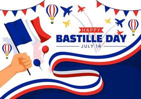 contento Bastille día vector ilustración en 14 julio con francés bandera, cinta y eiffel torre en nacional fiesta plano dibujos animados antecedentes