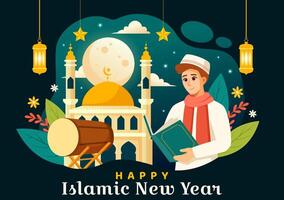 contento muharram vector ilustración de celebrando islámico nuevo año con mezquita, Luna y linterna concepto en plano niños dibujos animados antecedentes