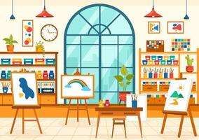 Art Store Vector Illustration with Painting Supplies Store Accessories and Tools for Drawing, Artists and Designers on Flat Cartoon Background