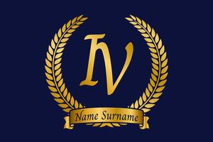 Initial letter I and V, IV monogram logo design with laurel wreath. Luxury golden calligraphy font. vector