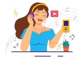 mp3 jugador vector ilustración con musical notación, auriculares, auriculares y teléfono de música escuchando dispositivos en móvil aplicación en plano antecedentes