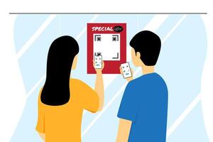 vector illustration of people scan qr code from mobile phone on poster. man and woman search information from mobile phone concept about technology cellphone internet sell shop.