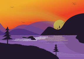 ilustración de un puesta de sol con un montaña rango y un lago vector