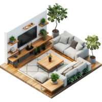 AI generated living room ,isometric on transparent background png