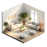 AI generated living room ,isometric on transparent background png