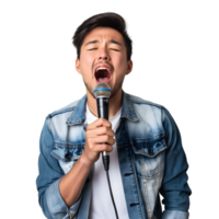 ai generado chico canta karaoke en transparente antecedentes png