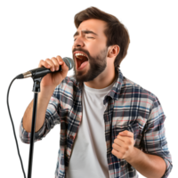 ai generado chico canta karaoke en transparente antecedentes png