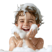 ai generado niño con bañera espuma en transparente antecedentes png