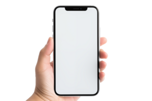 ai genererad mockup, kvinna hand använder sig av mobil telefon på transparent bakgrund, vit tom skärm för text, mobil app design och reklam, uppkopplad marknadsföring png
