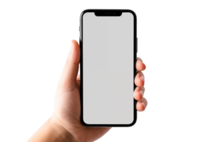 AI generated Mockup, female hand using mobile phone on transparent background, white blank screen for text, mobile app design and advertising, online marketing png