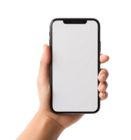 AI generated Mockup, female hand using mobile phone on transparent background, white blank screen for text, mobile app design and advertising, online marketing png