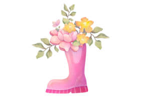 Watercolor illustration with bouquet of pink peonies, yellow small flowers, green twigs in garden rubber boot on transparent background. spring or summer botany elements png