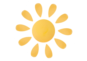 one large sun with rays in watercolor style isolated on a transparent background. cute clipart children s illustration, yellow cut out design element png