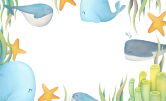 Watercolor of sea creature frame with copy space. cute oceanic animals border on transparent background. horizontal banner mockup with whales, algae and corals png