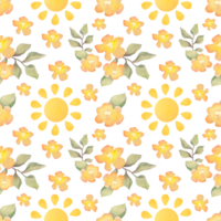 mão desenhado aguarela amarelo flores e Sol desatado padronizar. □ Gentil invólucro papel Projeto. crianças quarto papel de parede mão desenhado crianças s fundo para tecidos imprimir, bebê s têxtil, embalagem png