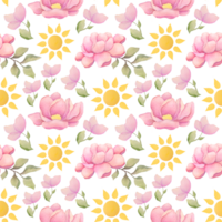 Aquarell botanisch nahtlos Muster mit Garten Rosa Blumen Rosen, Blätter, Karikatur Sonne zum Sommer- Textil, Startseite oder Tapeten. Frühling süß Gelb kindisch Hintergrund drucken mit Natur zum Kindergarten png