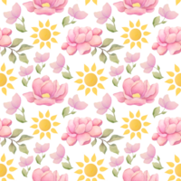 watercolor botanical seamless pattern with garden pink flowers roses, leaves, cartoon sun for summer textile, cover or wallpapers. spring cute yellow childish wallpaper print with nature for nursery png