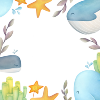 guirnalda de submarino animales aislado en transparente antecedentes. cuadrado frontera marco Bosquejo con ballenas, algas y corales marina animales y conchas png