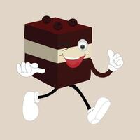 Groovy cake sliced cartoon mascot character with smile. Funny retro birthday cake slice in sneakers, confectionery mascot, Graphic element for website vector