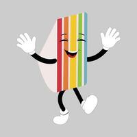 Groovy cake sliced cartoon mascot character with smile. Funny retro birthday cake slice in sneakers, confectionery mascot, Graphic element for website vector