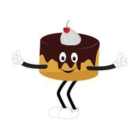 Groovy cake sliced cartoon mascot character with smile. Funny retro birthday cake slice in sneakers, confectionery mascot, Graphic element for website vector