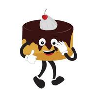 Groovy cake sliced cartoon mascot character with smile. Funny retro birthday cake slice in sneakers, confectionery mascot, Graphic element for website vector