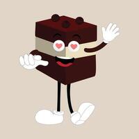 Groovy cake sliced cartoon mascot character with smile. Funny retro birthday cake slice in sneakers, confectionery mascot, Graphic element for website vector