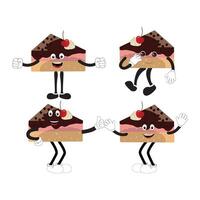 Groovy cake sliced cartoon mascot character with smile. Funny retro birthday cake slice in sneakers, confectionery mascot, Graphic element for website vector