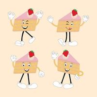 Groovy cake sliced cartoon mascot character with smile. Funny retro birthday cake slice in sneakers, confectionery mascot, Graphic element for website vector