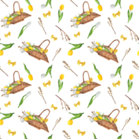 Hand-drawn watercolor illustration. Seamless Provence pattern with wicker basket with white and yellow tulips, pussy-willow branches, yellow bows png