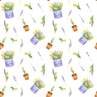 Hand-drawn watercolor illustration. Seamless floral pattern with lavender, white and yellow tulips, willow branches and flowerpots png