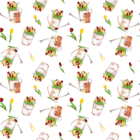 hand getekend waterverf illustratie. naadloos patroon met tuin gieter kan, geel, rood en wit tulpen, tuin emmers, bloempotten en tuin gereedschap png