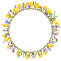 ritad för hand vattenfärg illustration. tunn cirkel dubbel- ram med gyllene textur och vår blommor. gul tulpaner, lavendel- och fitta-pil grenar png